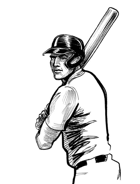 Baseballspieler mit einem Schläger. Schwarz-weiße Tuschezeichnung - Foto, Bild