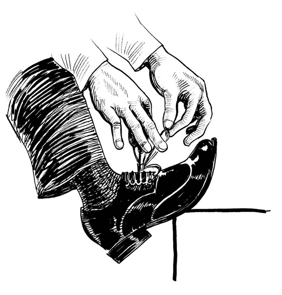Руки завязывают шнурки. Чернила черно-белые - Фото, изображение