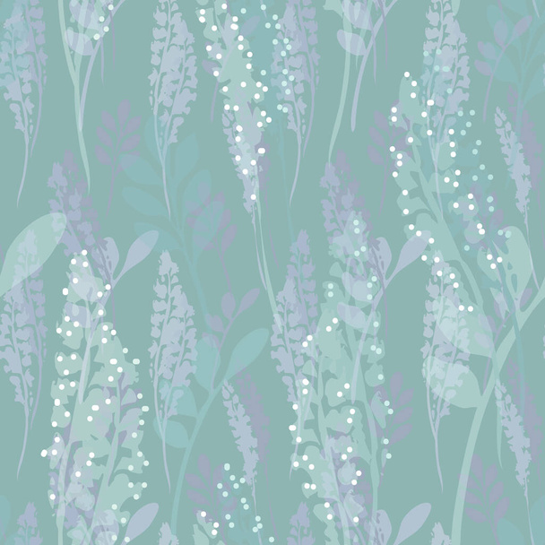 Softness nature vector seamless pattern. Hand drawn abstract light green and purple silhouettes of leaves and flowers on turquoise background. Organic template for design, textile, wallpaper. - Vecteur, image