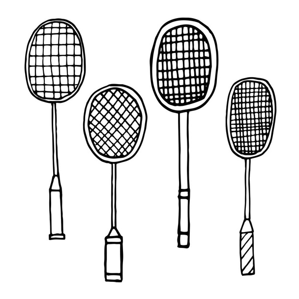 Ensemble de raquettes de badminton. raquette badminton isolée, équipement sportif. Tirage à la main - Vecteur, image