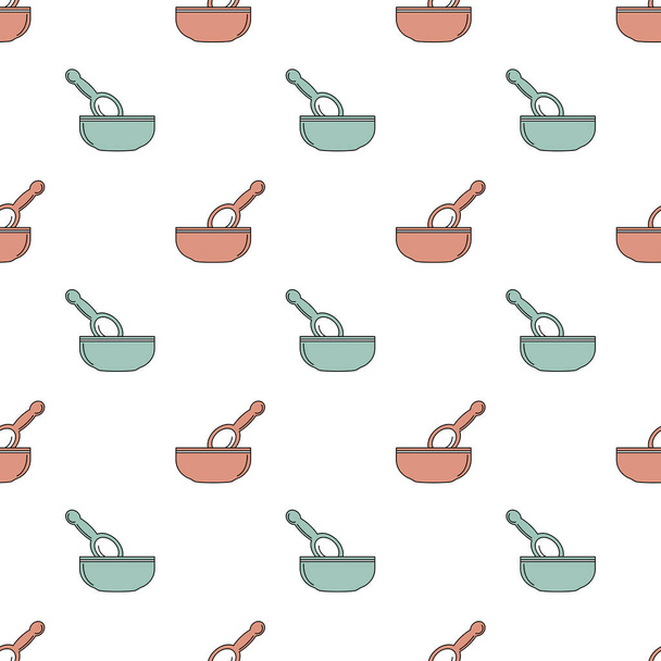 Child Seamless pattern with baby dishes, baby feeding utensils. The concept of eating. Vector illustration for fabric, paper - Vector, Image