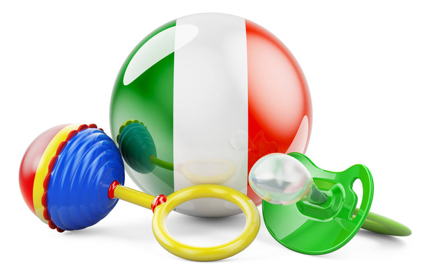 Birth rate and parenting in Ireland concept. Baby pacifier and baby rattle with Irish flag, 3D rendering isolated on white background - Photo, Image