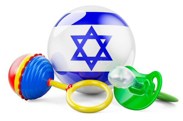Tasa de natalidad y crianza en Israel concepto. Chupete de bebé y sonajero de bebé con bandera israelí, representación 3D aislada sobre fondo blanco - Foto, imagen