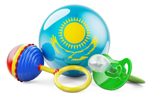 Tasa de natalidad y crianza en Kazajstán concepto. Chupete de bebé y sonajero de bebé con bandera kazaja, representación 3D aislada sobre fondo blanco - Foto, Imagen