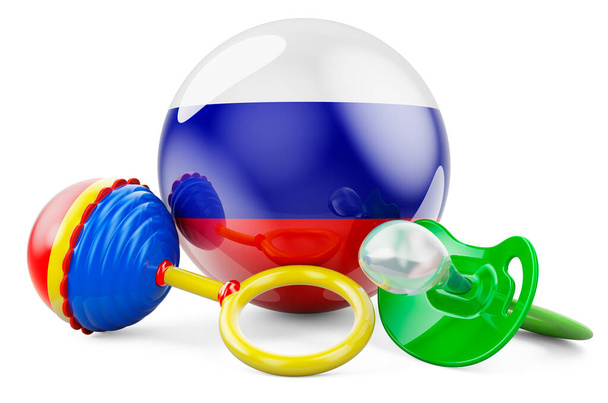 Syntyvyys ja vanhemmuus Venäjällä käsite. Vauva tutti ja vauva helistin Venäjän lippu, 3D renderöinti eristetty valkoisella taustalla - Valokuva, kuva