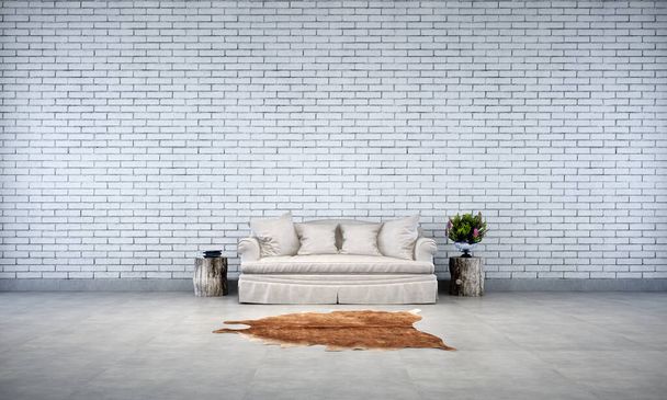 A modern nappali belsőépítészeti és fehér téglafal textúra háttér, Új 3D renderelés belsőépítészeti jelenet - Fotó, kép