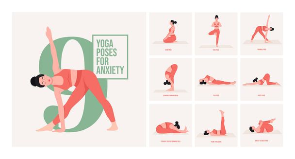 yoga poses for Anxiety. Young woman practicing Yoga pose. Woman workout fitness, aerobic and exercises. Vector Illustration. - Vector, Image