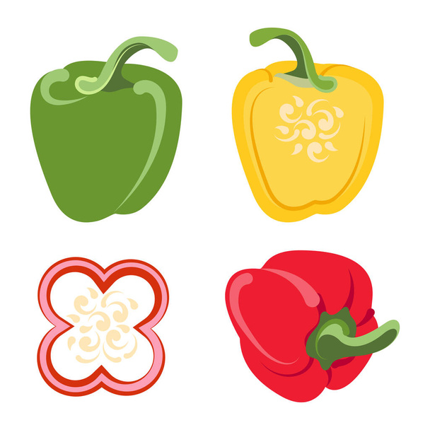 Set of isolated vector peppers. Juicy farm vegetables, sweet and hot food. Slices and cutaway pepper. - Vector, Image