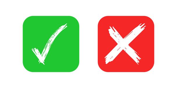 Ręcznie rysowane elementy kontrolne i krzyżykowe izolowane na białym tle. Grunge doodle zielony checkmark OK i czerwony X na zaokrąglone kwadratowe ikony. Ilustracja wektora - Wektor, obraz