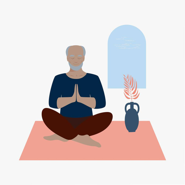 Il vecchio fa esercizi di yoga. Meditazione, asana, allenamento a casa, stile di vita sano. Pensionato, personaggio dei cartoni animati, stile piatto. Concetto, poster, banner, illustrazione vettoriale - Vettoriali, immagini