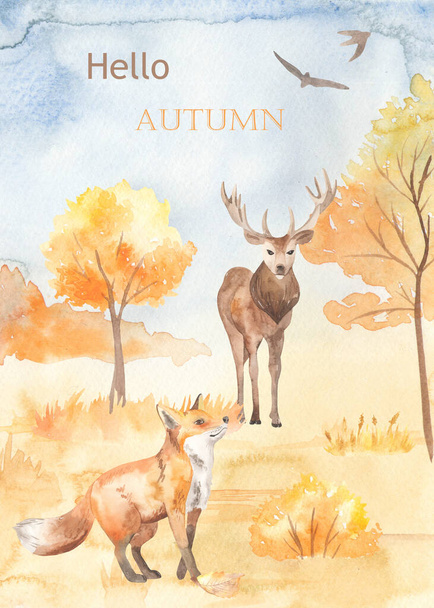 秋の風景、秋の森、鹿、キツネ、木、茂み。水彩カード。手描きイラスト - 写真・画像