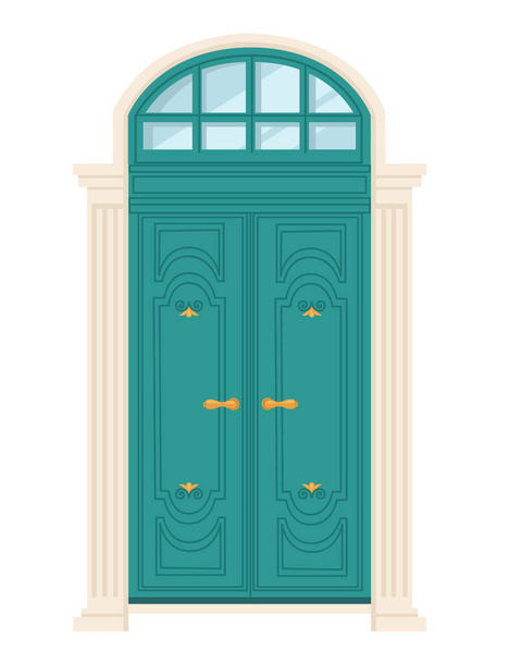 Turquoise wooden retro door with glass vector illustration on white background - Vector, Image