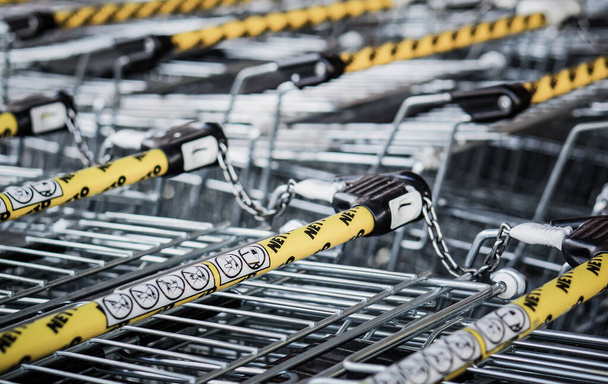 POZNAN, POLAND - Oct 09, 2016: Netto supermarket shopping carts locked to each other - Photo, Image
