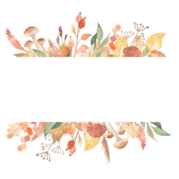 Hojas de otoño, bayas, setas, ramas, flores secas. Banner de acuarela. ilustración dibujada a mano - Foto, imagen