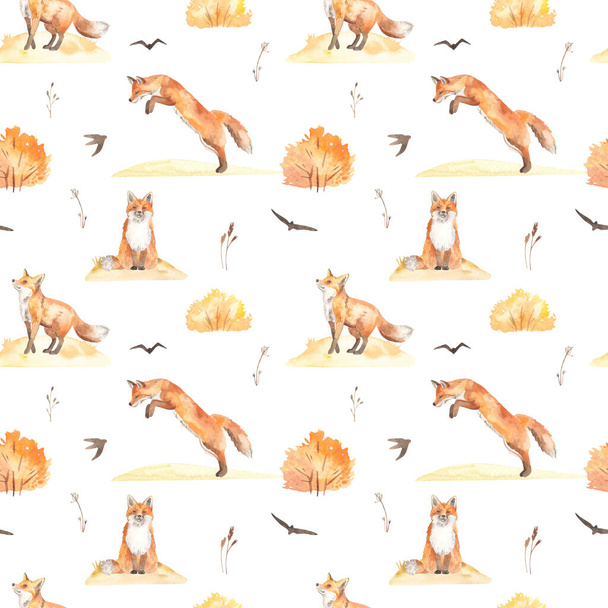 Autumn landscape, fox, birds, autumn bushes and dry grass on a white background. Watercolor seamless pattern - Photo, Image