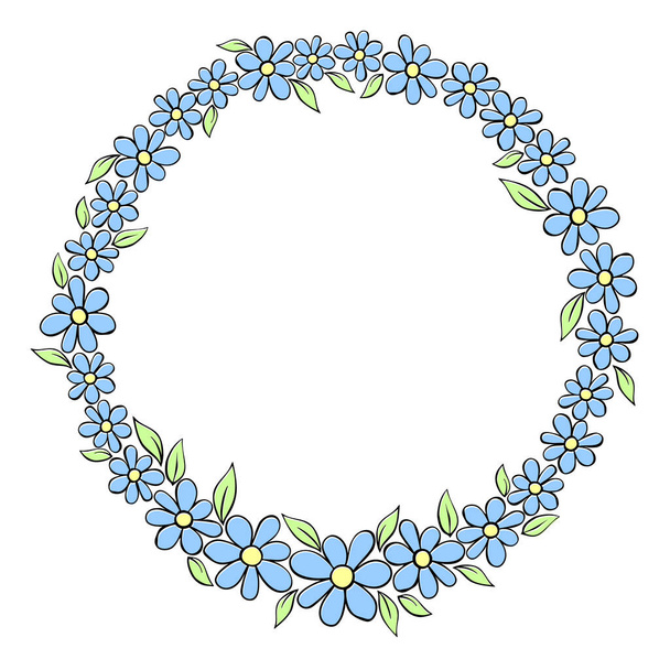 Vector hand getekend cirkel frame, rand, krans van kleur kleine bloemen in doodle stijl. Leuke eenvoudige primitieve achtergrond, decoratie voor uitnodiging, wenskaart, bruiloft. - Vector, afbeelding