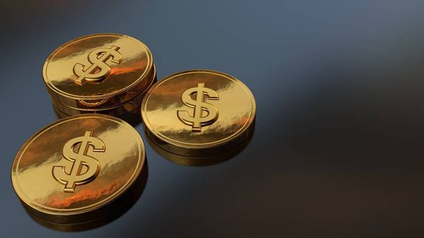 Gouden munt met dollarteken. Realistisch op tafel achtergrond 3D rendering - Foto, afbeelding