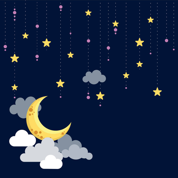 Висячие облака, звезды и стиль лунной бумаги на ночном фоне.. - Вектор,изображение