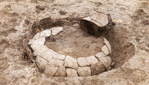 Prace archeologiczne, wykopane gonty, fragmenty starożytnego artefaktu glinianego, duże naczynia w glebie gliniastej - Zdjęcie, obraz