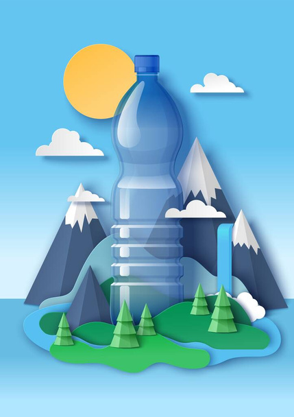 Blank drink water plastic bottle, paper cut mountains, forest trees, vector illustration. Clean water ads template. - Vecteur, image