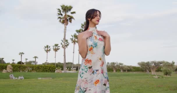 夏の公園を歩く花の装飾付きの長い夏のドレスの若い女性  - 映像、動画