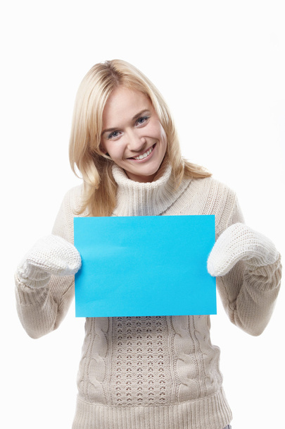 Atractivas manoplas de niña con placa en blanco azul
 - Foto, Imagen