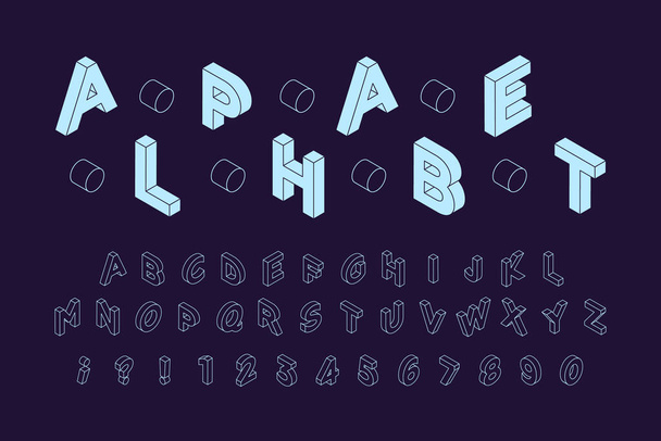 Alphabet. Isometric Latin Capital Letters, Numbers and Signs Font 3d Bold on Dark Background. Modern Vector Illustration. Social Media Template. - Vector, Image