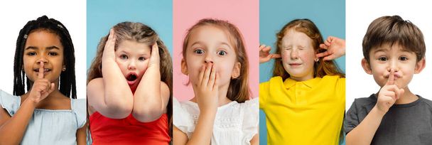 Art collage made of portraits of little and happy kids isolated on multicolored studio background. Human emotions, facial expression concept - Foto, Imagem