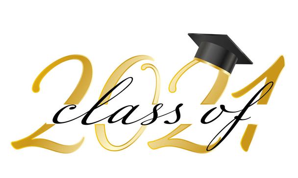 Parabéns graduados banner com boné e números de caligrafia dourada - Vetor, Imagem