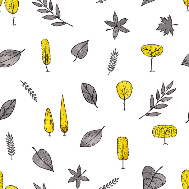 Padrão sem costura a partir do conjunto de ilustrações aquarela de árvores amarelas e folhas cinzentas isoladas no fundo branco - Foto, Imagem