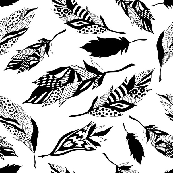 Black painted decorative feathers on a white background. Seamless pattern. Creative illustration. Vector illustration for web design or print. - Vecteur, image