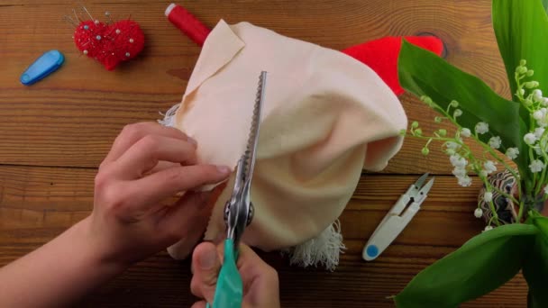 Farce scandinave gnome fabrication étape par étape tutoriel fait à la main remplissage de polyester. Tissu maison suédoise décoration de Noël bricolage. hobby doux cousu peluche barbe jouet chapeau rouge couture hygge hobby. - Séquence, vidéo