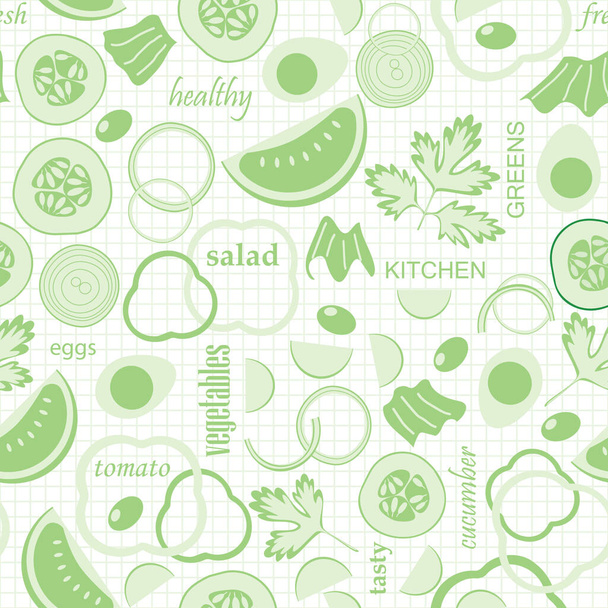 legumes fatiados e palavras em colagem - luz verde fundo vetor sem costura com ingredientes salada - Vetor, Imagem