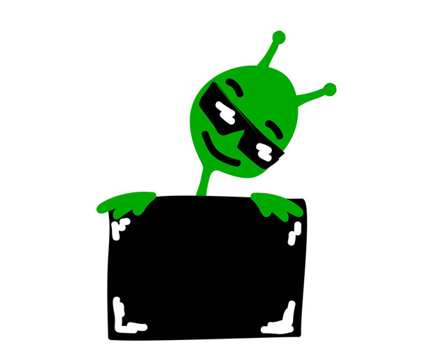 Zelený muž a výsledková tabulka na bílém pozadí. UFO. Karikatura. Vektorová ilustrace. - Vektor, obrázek