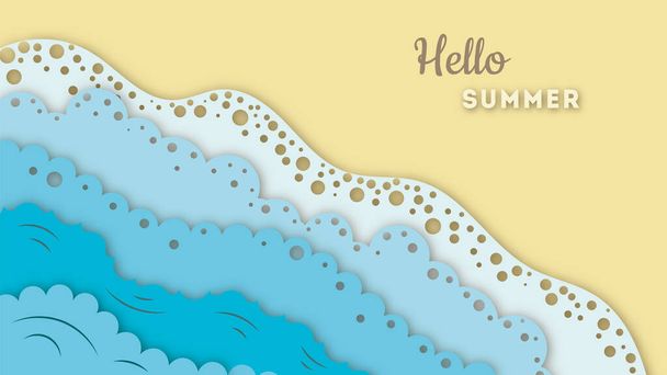 Цветная бумага искусства море или океан водные волны и пляж. Летний фон с морским побережьем. Бумажные морские волны с линиями и пузырьками. Стиль резки бумаги - Вектор,изображение