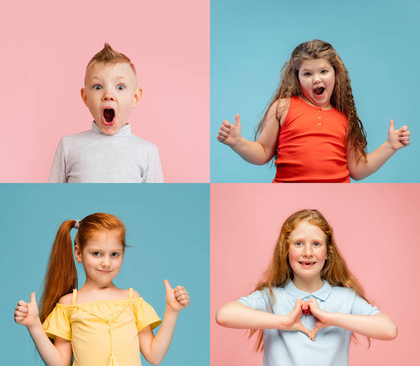Art collage made of portraits of little and happy kids isolated on multicolored studio background. Human emotions, facial expression concept - Fotó, kép