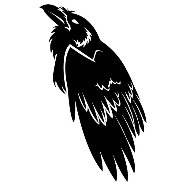 Силуэт ворона в черном. Плоский стиль. Символ смерти и мистики. Дизайн подходит для логотипа птицы, татуировки, декора, фрески, мистический клуб, наклейка, эмблема, знак, символ, компания. Изолированный вектор - Вектор,изображение
