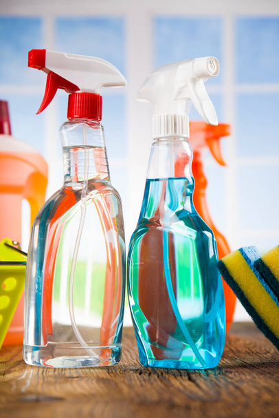 Variety of cleaning products, equipment background - Photo, Image