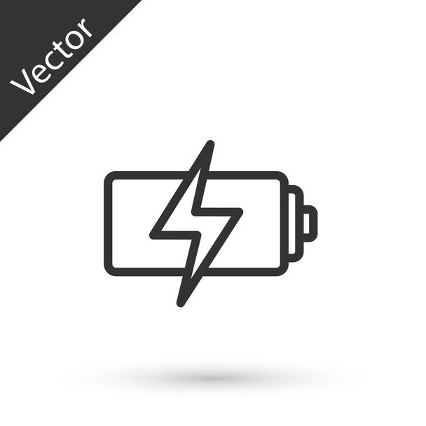 Grey line Battery icon isolated on white background. Lightning bolt symbol.  Vector - Vector, Image