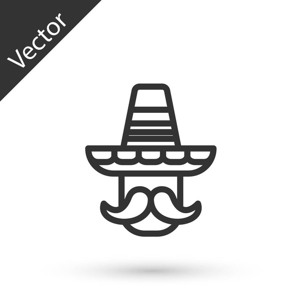 Homem mexicano linha cinza vestindo ícone sombrero isolado no fundo branco. Homem hispânico com bigode. Vetor - Vetor, Imagem