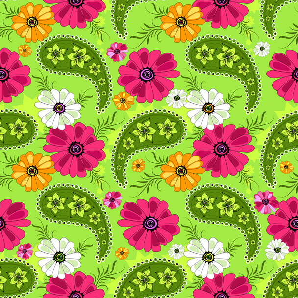 Seamless green floral pattern with vivid flowers and paisleys (vector) - Vektori, kuva
