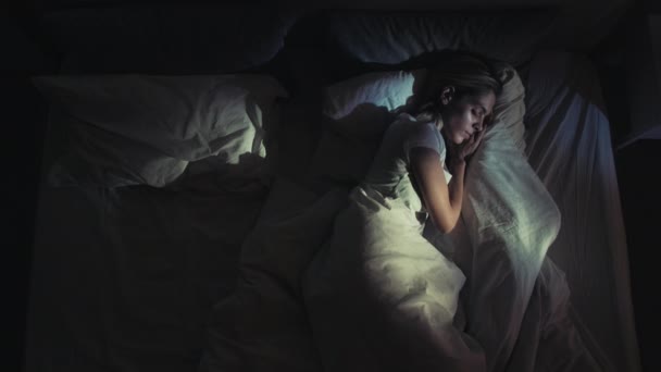 night rest sweet dreams woman sleeping in cozy bed - Filmagem, Vídeo