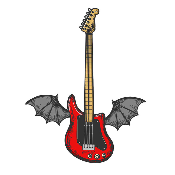 Flying Electric guitar with bat wings red color sketch engraving vector illustration. Scratch board style imitation. Black and white hand drawn image. - Вектор,изображение