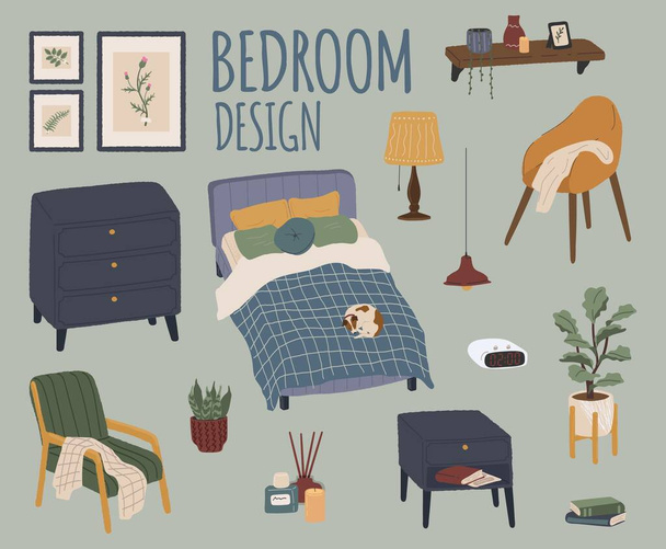 Vettoriale set di accessori camera da letto e mobili. Casa disegnata a mano oggetti interni isolati. Letto, sedia, comodino, sveglia, lampada - Vettoriali, immagini