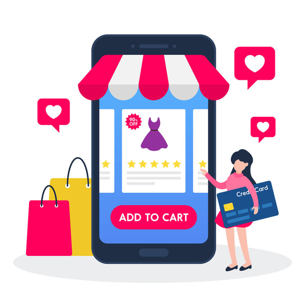 Woman holding a credit card and looking for product in digital store with mobile. Creative concept of online shopping or e-commerce. Trendy cute cartoon vector illustration. Flat style graphic design. - Vector, Image