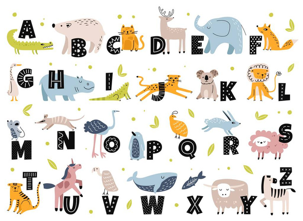 Alfabeto animal em estilo escandinavo. Elefante bonito, raposa, urso, unicórnio. Desenhado à mão desenhos animados animais com letras para crianças conjunto vetor de educação - Vetor, Imagem