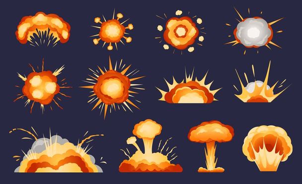 Cartoon explosions. Atomic mushroom cloud, bomb explosion effect, fire blast smoke, dynamite detonation. Explosive burst, comic boom effects vector set - Vector, Image