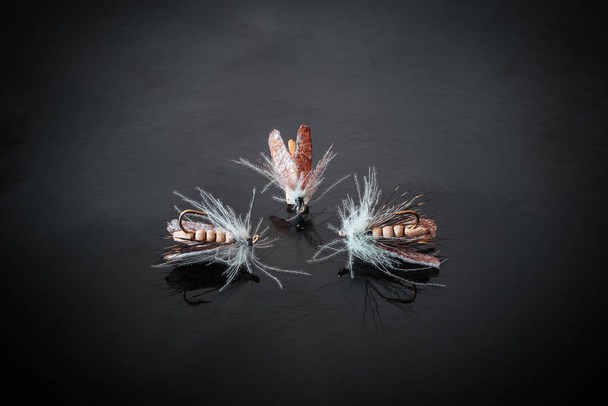 Fishing fly on a dark background. - Zdjęcie, obraz