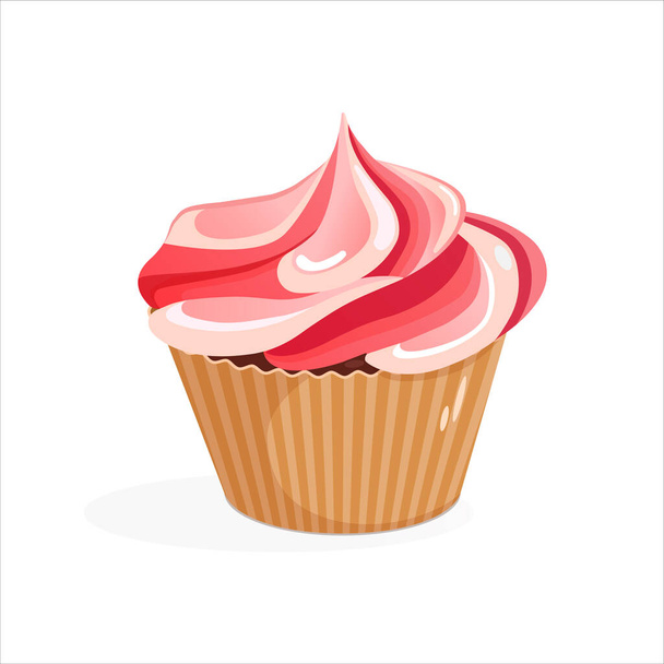 Cartoon cupcake with pink cream. Vector illustration of delicious muffin isolated on white background. Food, baking and sweets concept. - Vector, Image
