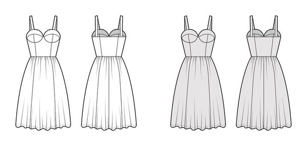 Flared jurk technische mode illustratie met bustier, mouwloos, gemonteerd lichaam, knie lengte ruches rok. Vlak - Vector, afbeelding